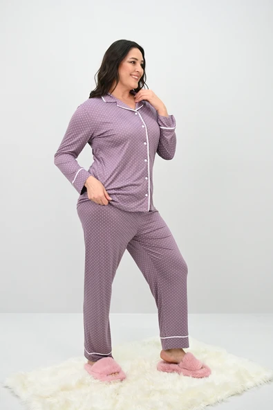 Kadın Büyük Beden Uzun Kollu Önden Düğmeli Pijama Takımı 4234-25 - 12