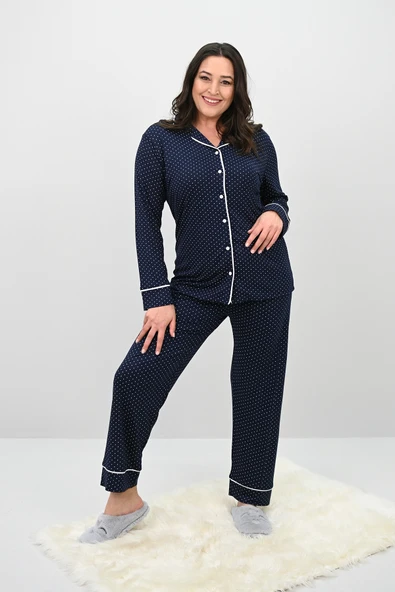 Kadın Büyük Beden Uzun Kollu Önden Düğmeli Pijama Takımı 4234-25 - 4