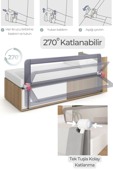 MİNİÇO 150 Cm Bebek Çocuk Güvenlik Yatak Bariyeri Katlanabilir Yatak Korkuluğu Gri - 5