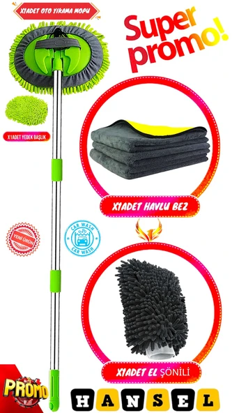 Araba Yıkama Fırçası Oto Yıkama Seti Mop Mikrofiber Bezli Teleskopik Saplı 1 Yedek Bez Hediyeli