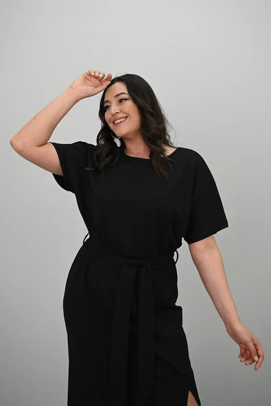 Kadın Büyük Beden Kısa Kollu Kuşaklı Elbise 5297-25 - 7