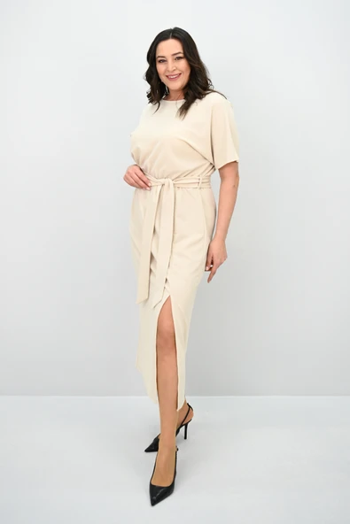 Kadın Büyük Beden Kısa Kollu Kuşaklı Elbise 5297-25 - 12