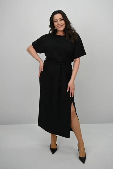 Kadın Büyük Beden Kısa Kollu Kuşaklı Elbise 5297-25 - 3