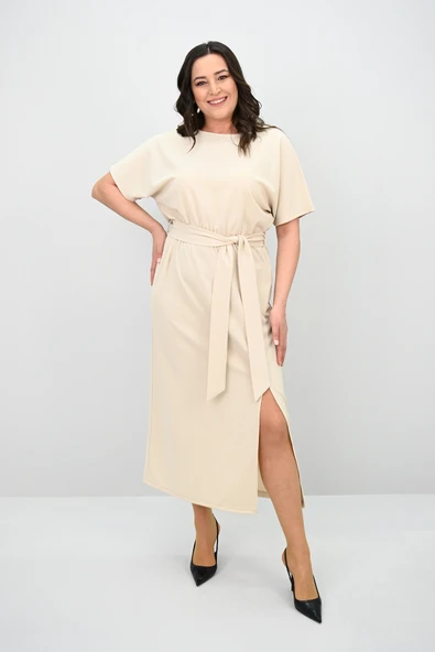 Kadın Büyük Beden Kısa Kollu Kuşaklı Elbise 5297-25 - 10