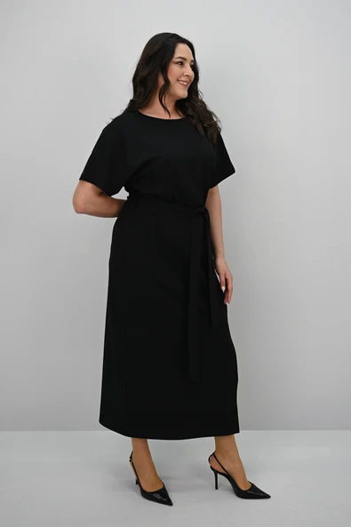 Kadın Büyük Beden Kısa Kollu Kuşaklı Elbise 5297-25 - 4