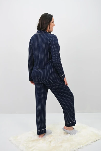 Kadın Büyük Beden Uzun Kollu Önden Düğmeli Pijama Takımı 4234-25 - 7
