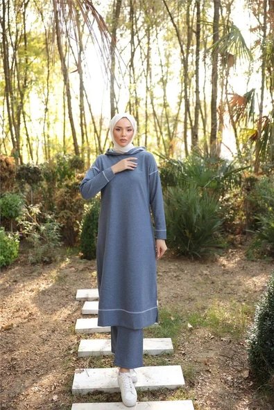 Kapşonlu Uzun Sweat Pantolon İkili Tesettür Eşofman Takımı - 03082.006 - İndigo ürün görseli