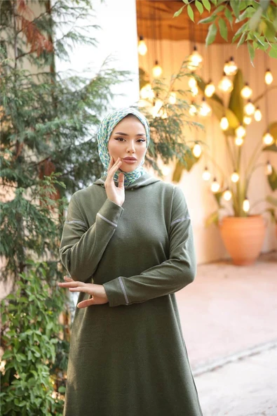 Kapşonlu Uzun Sweat Pantolon İkili Tesettür Eşofman Takımı - 03082.005 - Haki - Resim 3