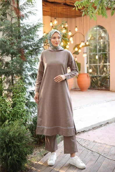 Kapşonlu Uzun Sweat Pantolon İkili Tesettür Eşofman Takımı - 03082.016 - Vizon ürün görseli