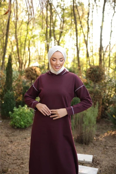 Kapşonlu Uzun Sweat Pantolon İkili Tesettür Eşofman Takımı - 03082.020 - Mürdüm - Resim 2