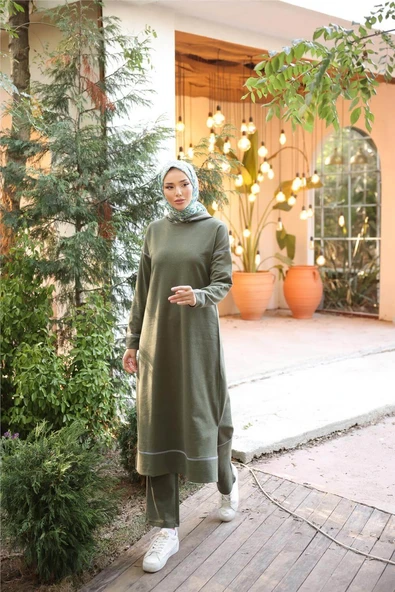 Kapşonlu Uzun Sweat Pantolon İkili Tesettür Eşofman Takımı - 03082.005 - Haki - Resim 4