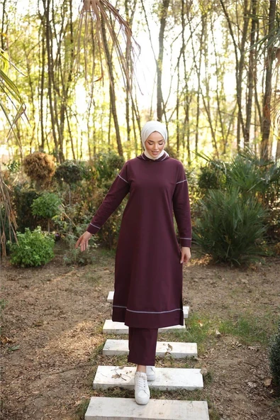 Kapşonlu Uzun Sweat Pantolon İkili Tesettür Eşofman Takımı - 03082.020 - Mürdüm ürün görseli