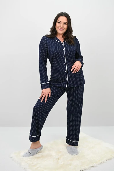 Kadın Büyük Beden Uzun Kollu Önden Düğmeli Pijama Takımı 4234-25