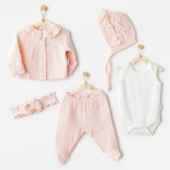 Kız Bebek Hastane Çıkışı 5 Pcs Newborn Set Natural Gift Muslin AC25840 - 4