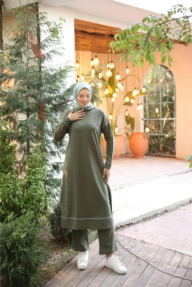 Kapşonlu Uzun Sweat Pantolon İkili Tesettür Eşofman Takımı - 03082.005 - Haki - Resim 5