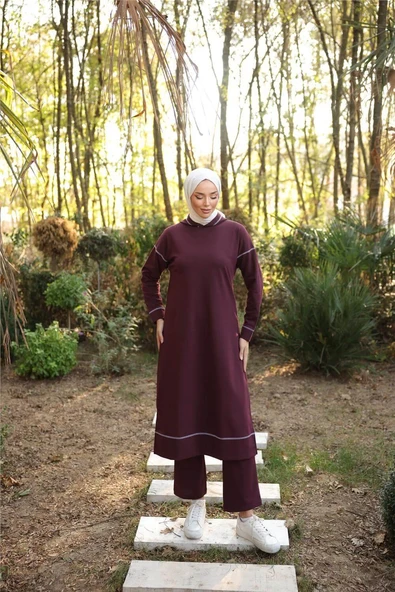 Kapşonlu Uzun Sweat Pantolon İkili Tesettür Eşofman Takımı - 03082.020 - Mürdüm - Resim 4