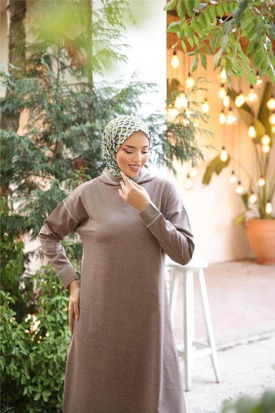 Kapşonlu Uzun Sweat Pantolon İkili Tesettür Eşofman Takımı - 03082.016 - Vizon - Resim 2