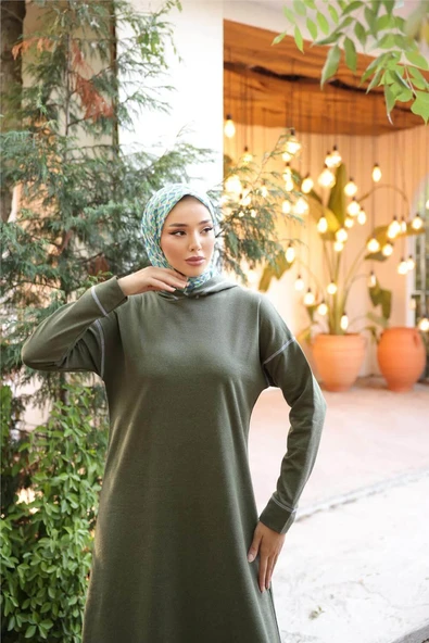 Kapşonlu Uzun Sweat Pantolon İkili Tesettür Eşofman Takımı - 03082.005 - Haki - Resim 2