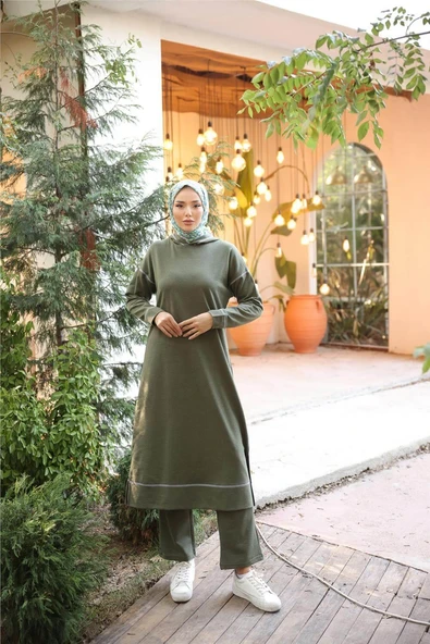 Kapşonlu Uzun Sweat Pantolon İkili Tesettür Eşofman Takımı - 03082.005 - Haki ürün görseli