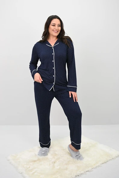 Kadın Büyük Beden Uzun Kollu Önden Düğmeli Pijama Takımı 4234-25 - 2