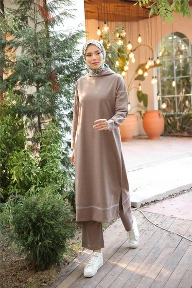 Kapşonlu Uzun Sweat Pantolon İkili Tesettür Eşofman Takımı - 03082.016 - Vizon - Resim 4