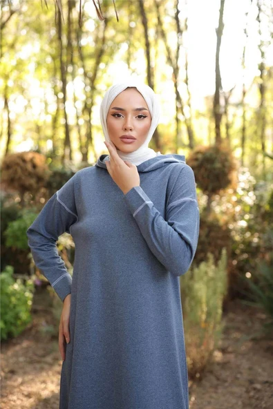 Kapşonlu Uzun Sweat Pantolon İkili Tesettür Eşofman Takımı - 03082.006 - İndigo - Resim 3