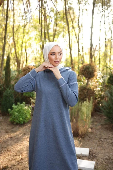 Kapşonlu Uzun Sweat Pantolon İkili Tesettür Eşofman Takımı - 03082.006 - İndigo - Resim 2