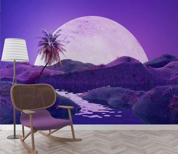 Gece Ay Mor Gökyüzü Temalı Duvar Kağıdı - Resim 6