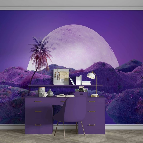 Gece Ay Mor Gökyüzü Temalı Duvar Kağıdı - Resim 4