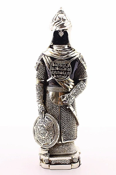 Zırhlı Cevşen Ayetli Asker Gümüş Biblo 3 Boyut Polyester Üzerine Metal Kaplama Biblo Büyük Boy 32 Cm
