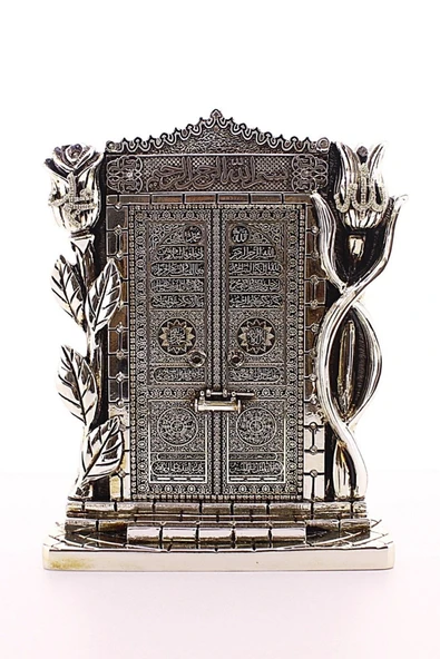 Polyester Üzerine Metal Kaplama Biblo Allah Muhammed Yazılı GülKabe Kapısı Gümüş Biblo 25 Cm