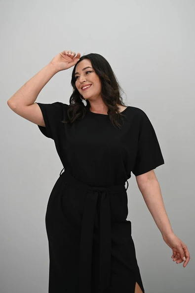 Kadın Büyük Beden Kısa Kollu Kuşaklı Elbise 5297-25 - 6