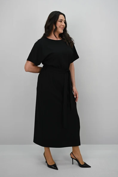 Kadın Büyük Beden Kısa Kollu Kuşaklı Elbise 5297-25 - 3