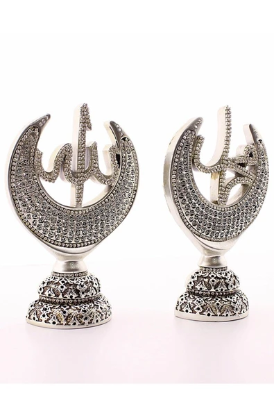 2'li Gümüş Allah Muhammed Hilal Orta Boy Biblo Polyester Üzerine Metal Kaplama Biblo 20 Cm - 2