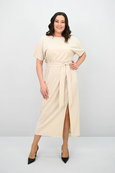 Kadın Büyük Beden Kısa Kollu Kuşaklı Elbise 5297-25 - 10