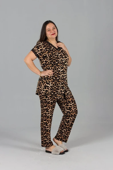 Büyük Beden Düğmeli Pijama Takım Leopar - 3