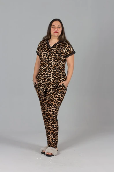 Büyük Beden Düğmeli Pijama Takım Leopar - 2