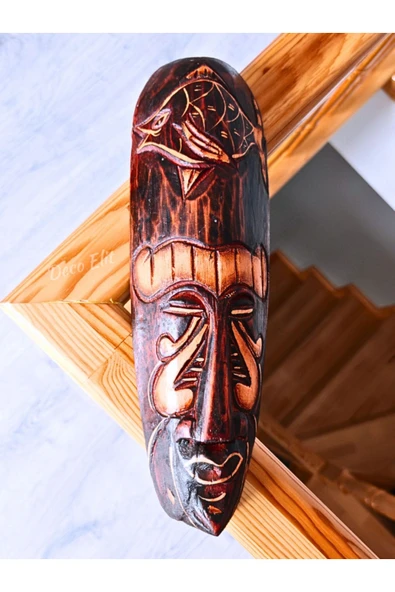 Duvar Objesi Mindi Ağacı El Oyması 30 cm Yerliler Aborjin Balık Surat Tipi Totem Ahşap Oyma Mask