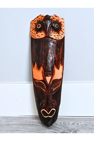 Duvar Objesi Mindi Ağacı El Oyması 30 cm Yerliler Aborjin Baykuş Tipi Surat Totem Ahşap Oyma Mask - 2