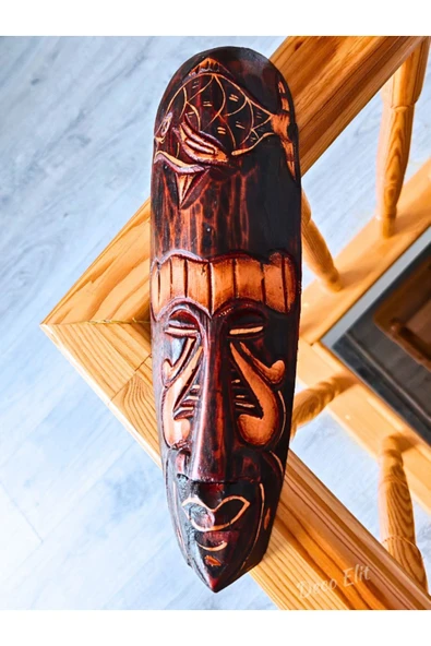 Duvar Objesi Mindi Ağacı El Oyması 30 cm Yerliler Aborjin Balık Surat Tipi Totem Ahşap Oyma Mask - 2