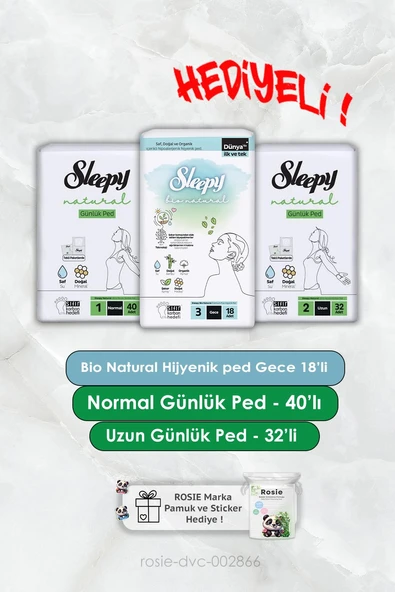 Ultra Hassas Günlük 32'li Uzun ve Normal 40'lı, Bio Natural Hijyenik Gece 18'li, Rosie Hediyeli ürün görseli