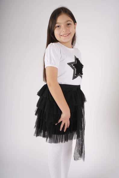 23 NİSAN 29 EKİM KONSEPT YILDIZ DETAYLI TÜL DETAYLI KAT KAT TÜTÜ ETEKLİ TAKIM - Resim 9