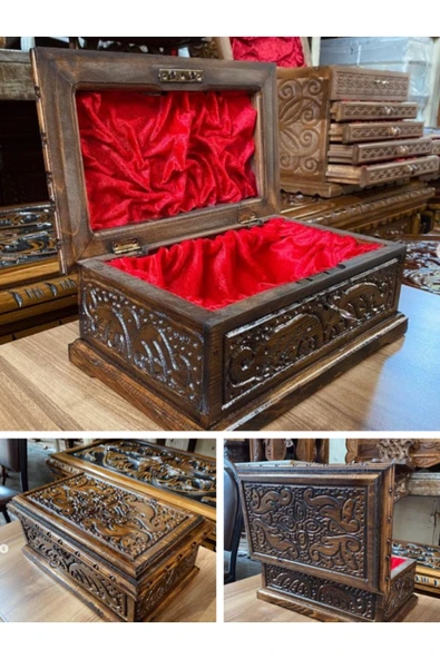 Takı Kutusu Mücevher Sandığı Kilitli Ahşap Ceviz El Oyması Motifli Ahşap Sandık Hediyelik 24 Cm ürün görseli 1