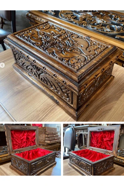Motifli Ahşap Sandık Hediyelik 24 Cm Takı Kutusu Mücevher Sandığı Kilitli Ahşap Ceviz El Oyması - 2