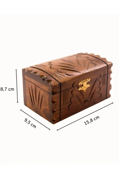 Ceviz Ahşap El Oyması Maraş Sandık Motifli Kutu 16 cm Küpe Yüzük Mücevher Takı Kutusu Kadife Kaplı - 5