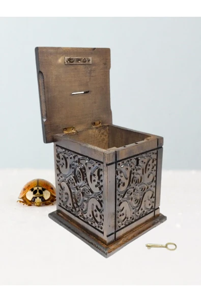 Tip Box Kutusu Kumbara Maraş Oyma Ahşap Antika Nostaljk Sandık Ceviz Ahşap Dikey Kumbara TipBox Kutu - 3