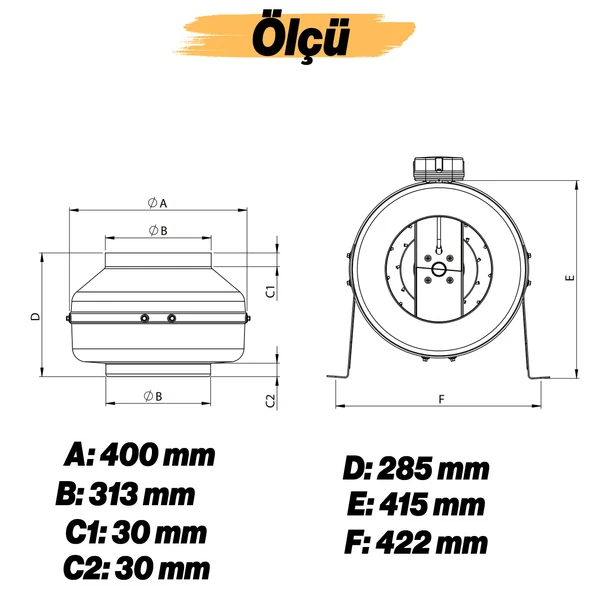 Kanal Tipi Radyal Fanlar Aspiratör Havalandırma Fanı 180 W Kirli Hava Tahliye Metal Vantilatör 180W - Resim 3