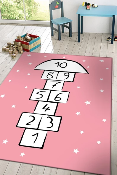 Seksek Desenli Kaymaz Deri Taban Oyun Halısı  PEMBE 80X300