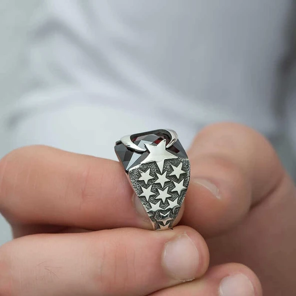 ​Gümüş Kırmızı Kesme Taşlı Ay Yıldız Erkek Yüzük - Resim 5