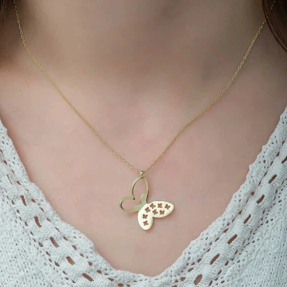 Gümüş Gold Kelebek Bayan Kolye - 2